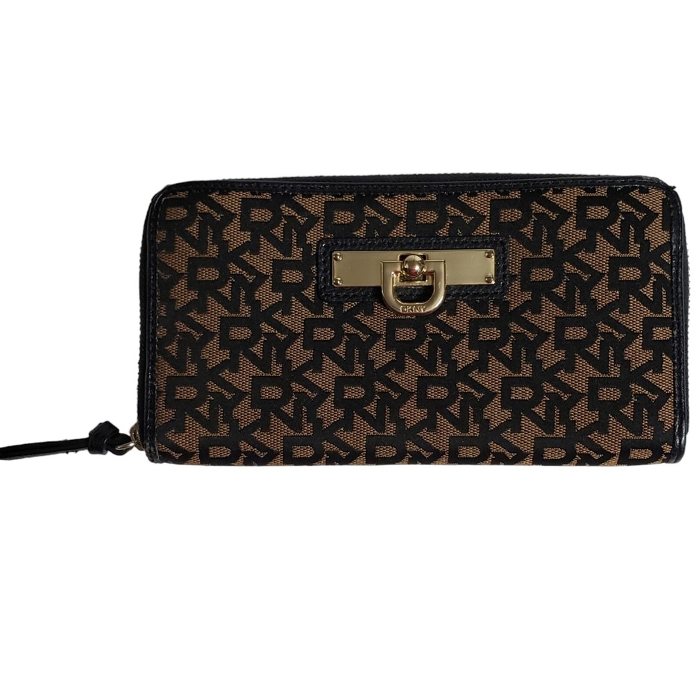 DKNY Monogram Logo Zip Around Wallet Billfold Black Gold Donna Karan New York